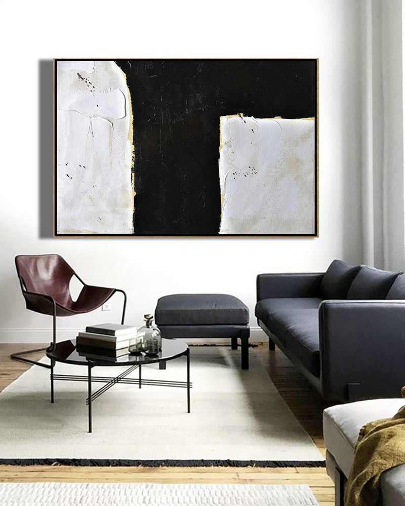 Big Art Canvas,Horizontal Palette Knife Minimal Canvas Art Painting Black White Beige - Hand Painted Aclylic Painting On Canvas